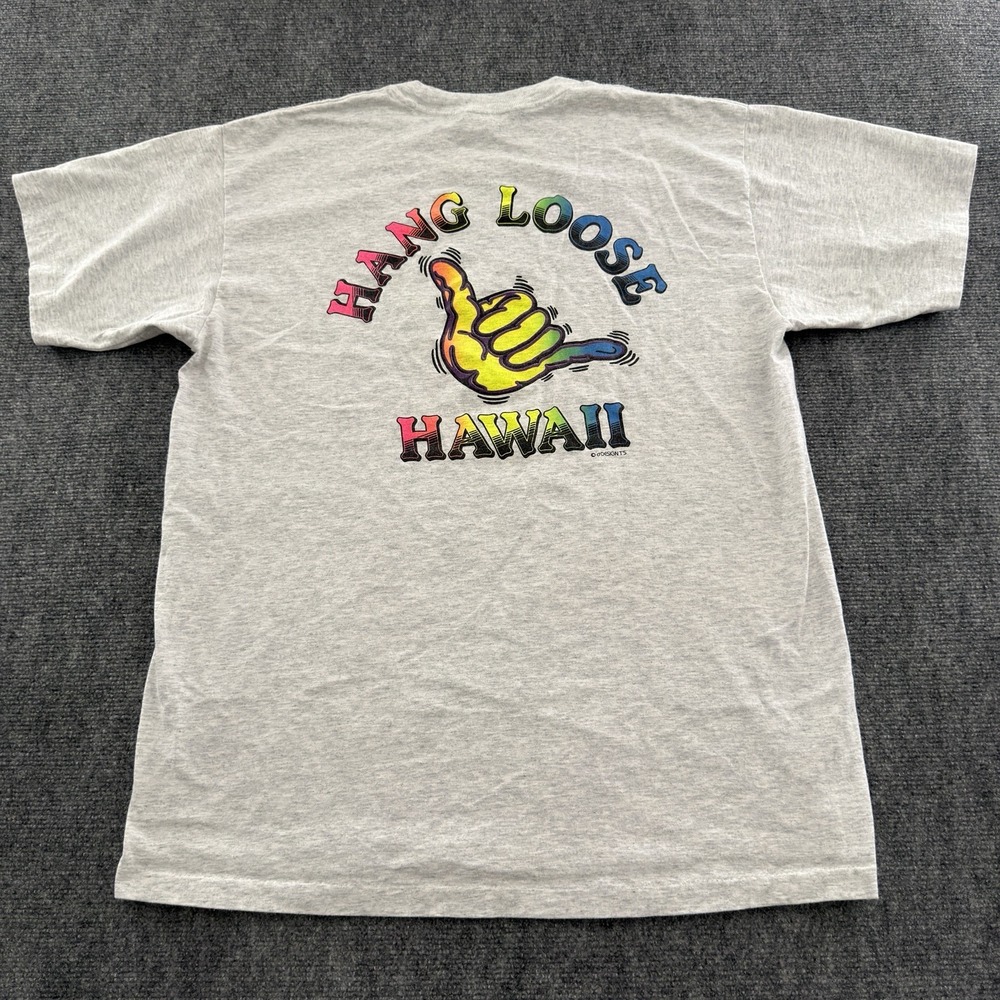 Vintage 90s Hang Loose Hawaii Shaka Tee Shirt Grey XL USA Made